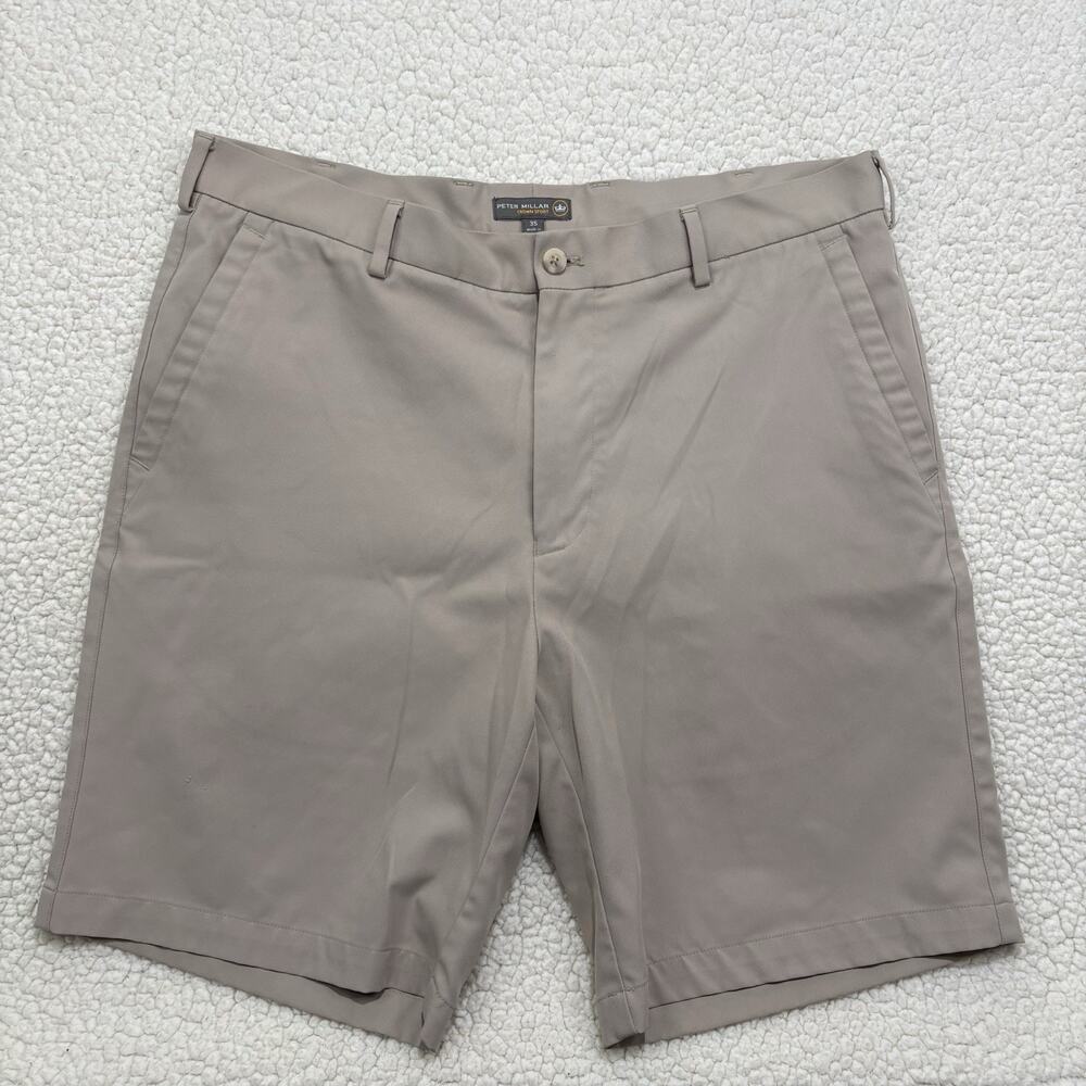 Peter Millar Crown Sport Mens Khaki Performance Golf Shorts Sz 35 Flat Front 9”